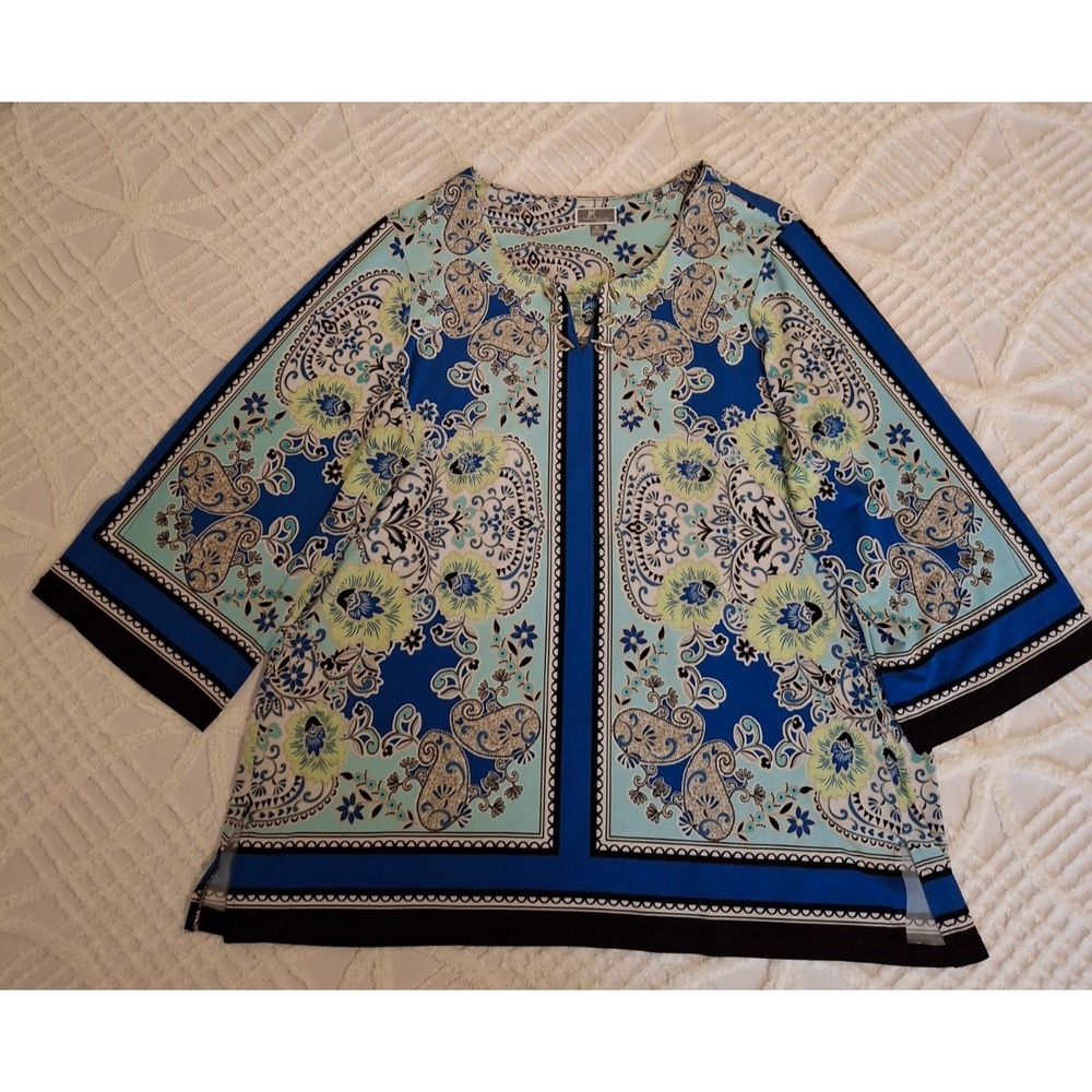 JM Collection Woman 3X Tunic Blue Paisley Floral 3/4 Sleeve Streych Shirt Top